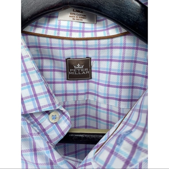 Peter Millar Men’s Long Sleeve Button Front Large White Purple Blue Plaid Shirt - Picture 3 of 4